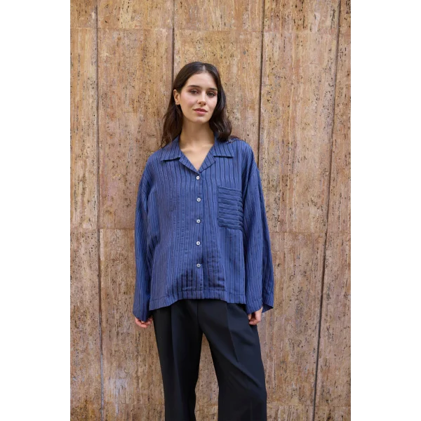 Çizgili Lacivert Oversize Gömlek