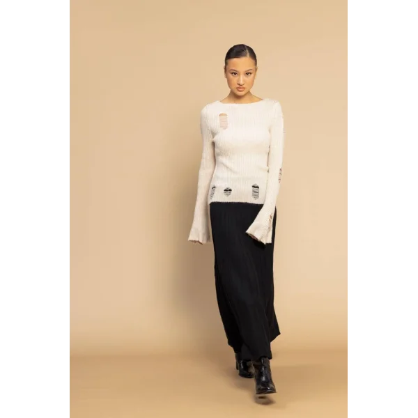 Yırtık Detaylı Triko Kazak-Taş