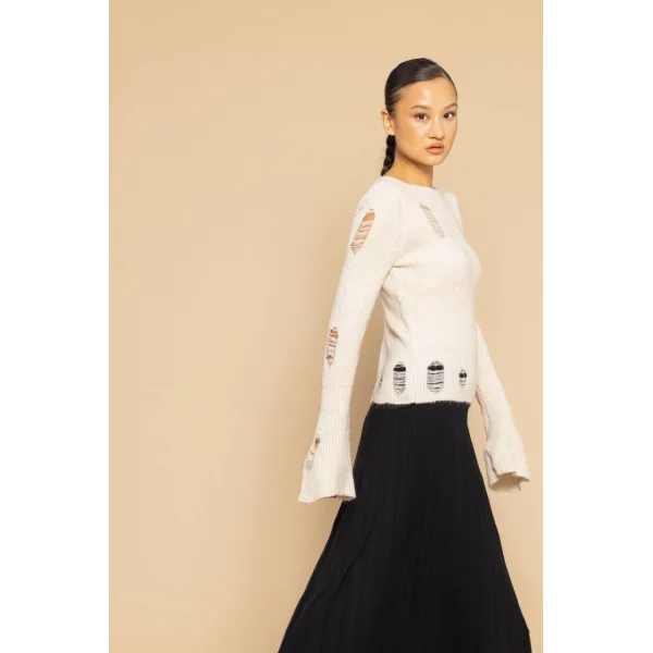 Yırtık Detaylı Triko Kazak-Taş