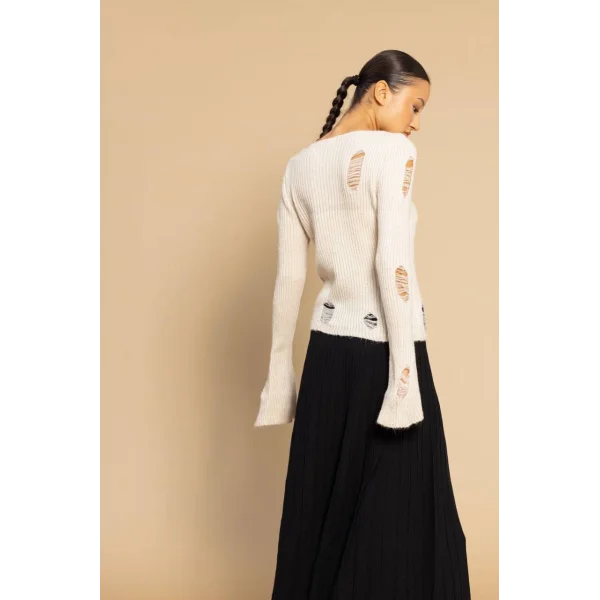 Yırtık Detaylı Triko Kazak-Taş