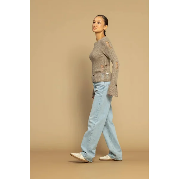 Yırtık Detaylı Triko Kazak-Vizon