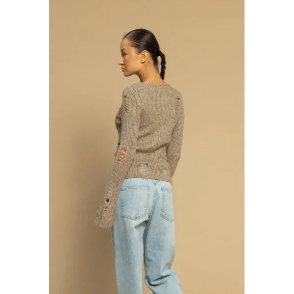 Yırtık Detaylı Triko Kazak-Vizon