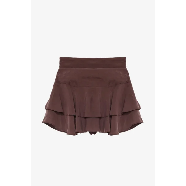 Katlı Volanlı Mini Etek Kahverengi