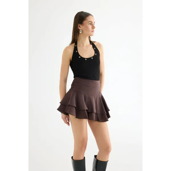 Katlı Volanlı Mini Etek Kahverengi