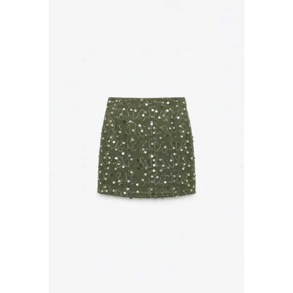 Pul İşlemeli Anvelop Mini Etek Haki