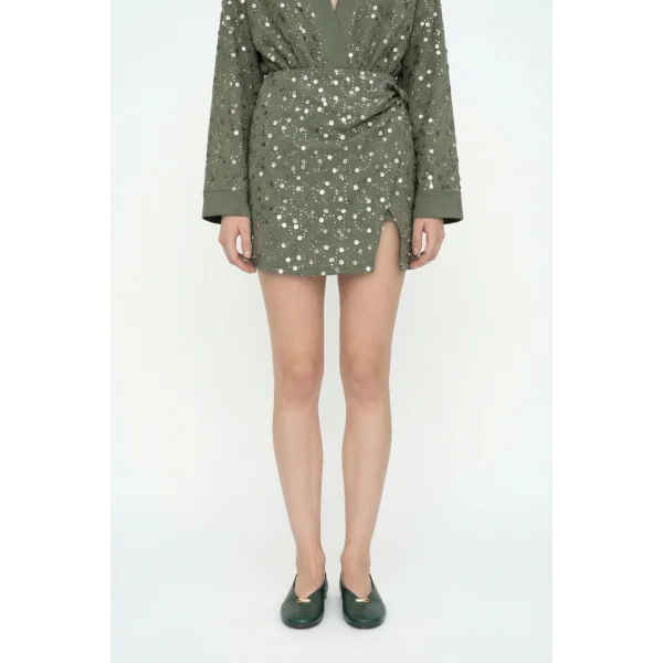 Pul İşlemeli Anvelop Mini Etek Haki