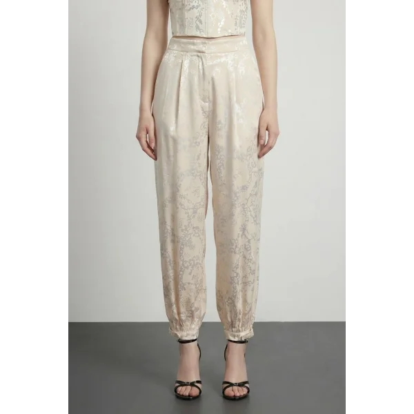 Jakarlı Ballon Fit Desenli Pantolon Bej