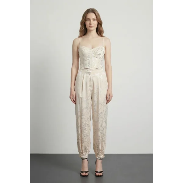 Jakarlı Ballon Fit Desenli Pantolon Bej