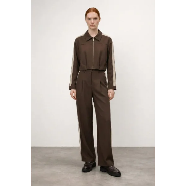 Ön Pileli Şeritli Bol Paça Pantolon Kahverengi