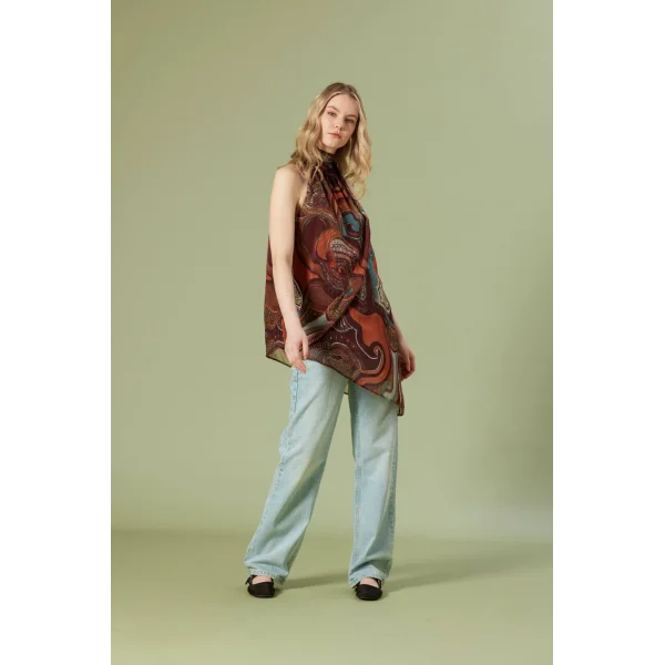 Desenli Asimetrik Bluz-Kahverengi