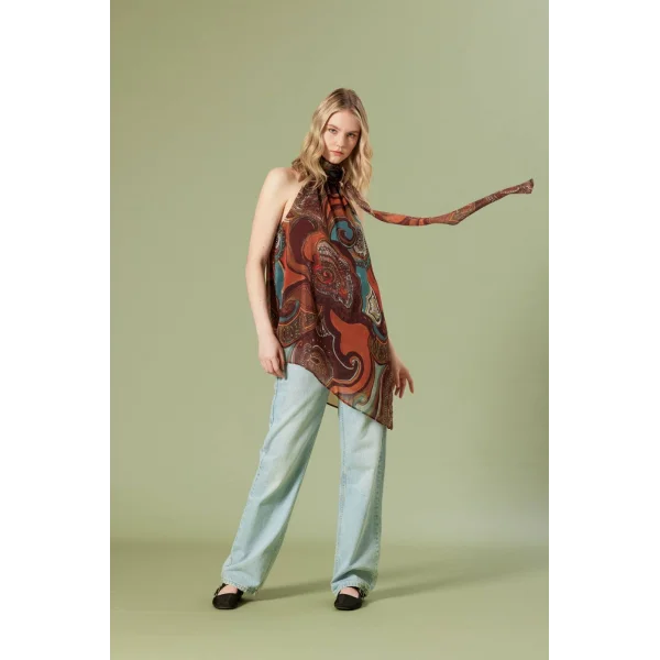 Desenli Asimetrik Bluz-Kahverengi