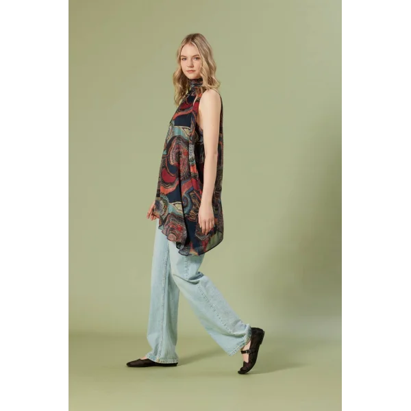 Desenli Asimetrik Bluz-Lacivert