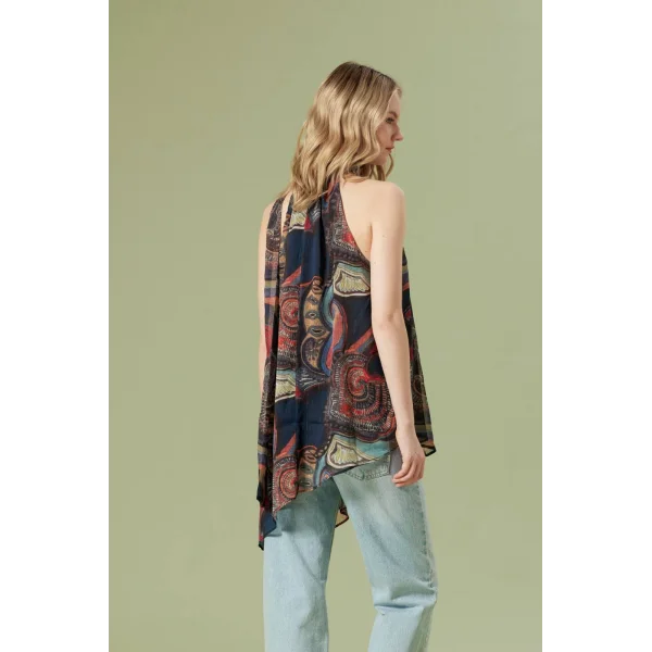 Desenli Asimetrik Bluz-Lacivert