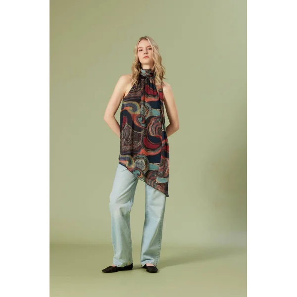 Desenli Asimetrik Bluz-Lacivert