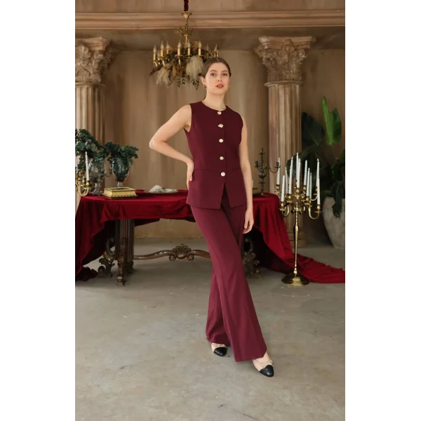 Gold Düğme Yelek Pantolon Takım - Bordo