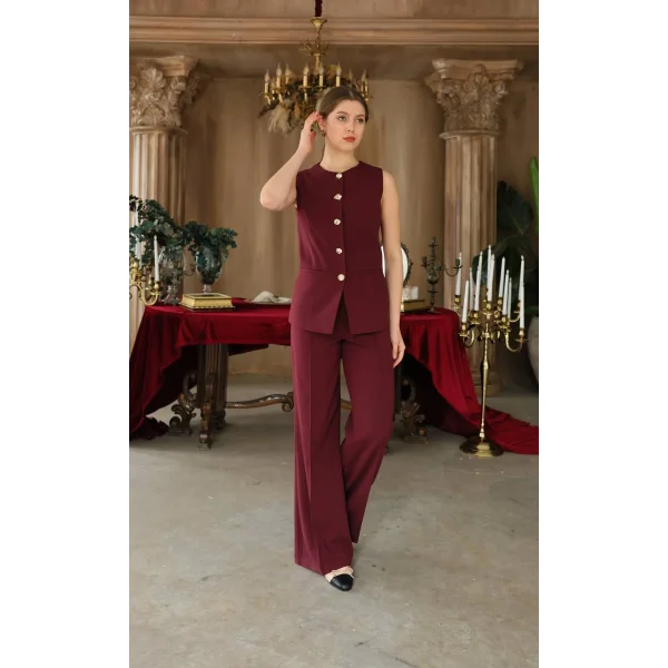 Gold Düğme Yelek Pantolon Takım - Bordo