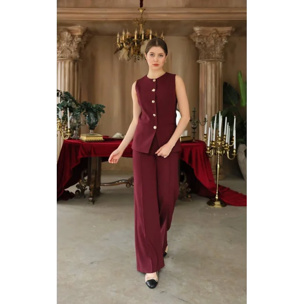 Gold Düğme Yelek Pantolon Takım - Bordo