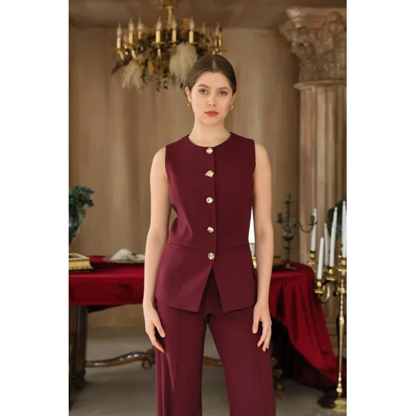 Gold Düğme Yelek Pantolon Takım - Bordo
