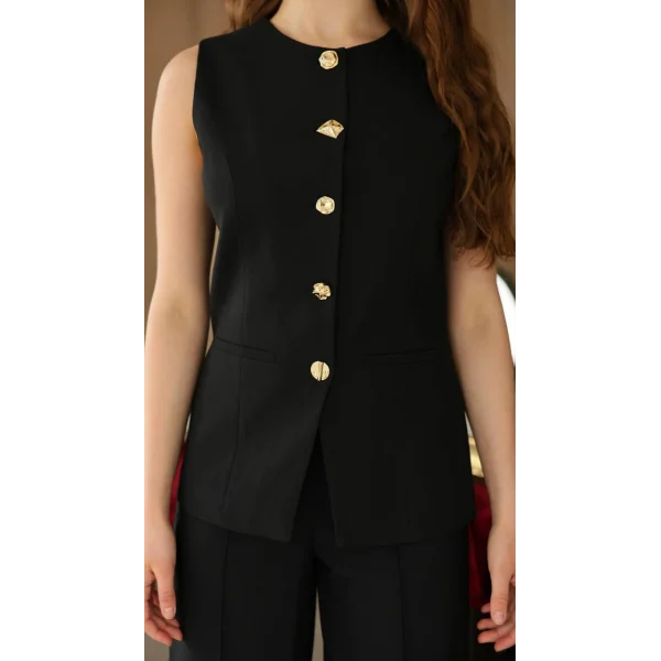 Gold Düğme Yelek Pantolon Takım - Siyah