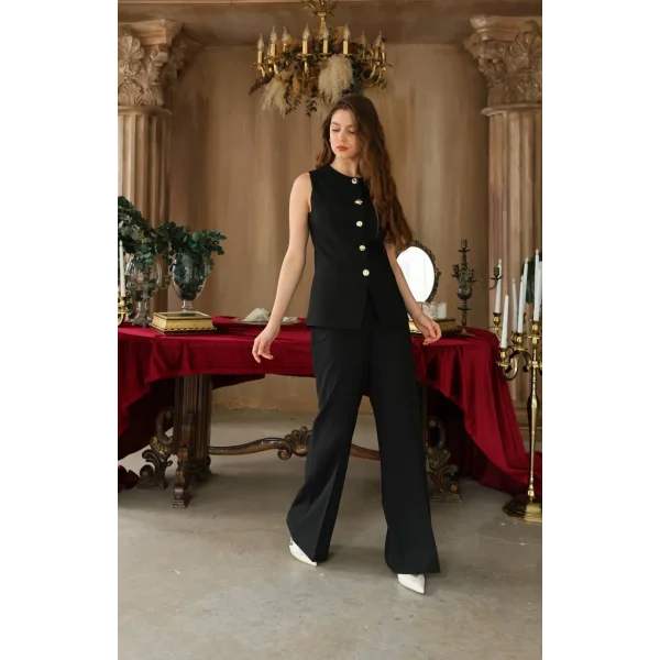 Gold Düğme Yelek Pantolon Takım - Siyah