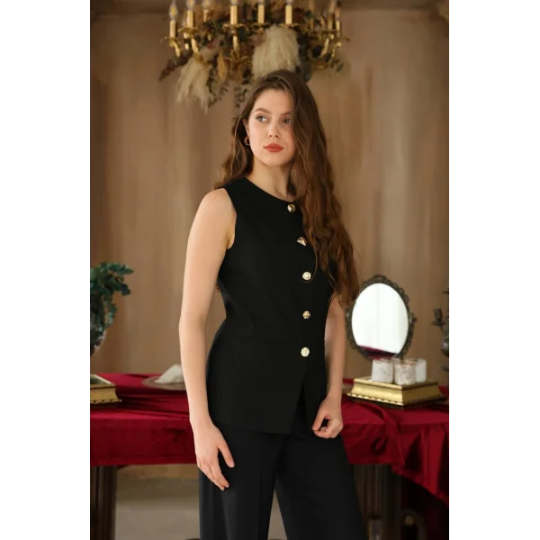 Gold Düğme Yelek Pantolon Takım - Siyah