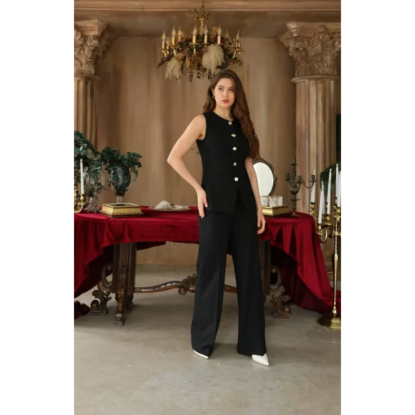 Gold Düğme Yelek Pantolon Takım - Siyah
