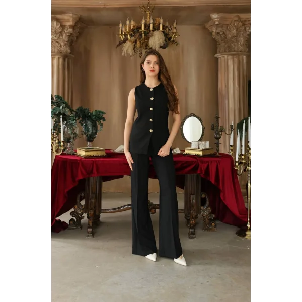 Gold Düğme Yelek Pantolon Takım - Siyah