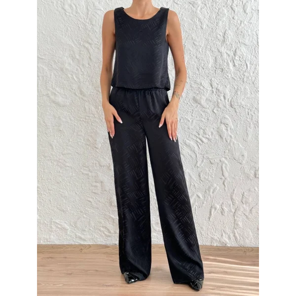 Jakarlı Siyah Saten Takım