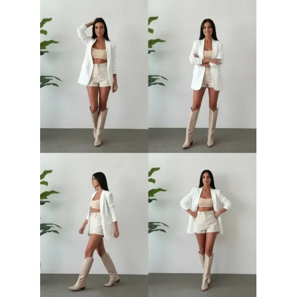 Büzgü Kol Beyaz Blazer Ceket