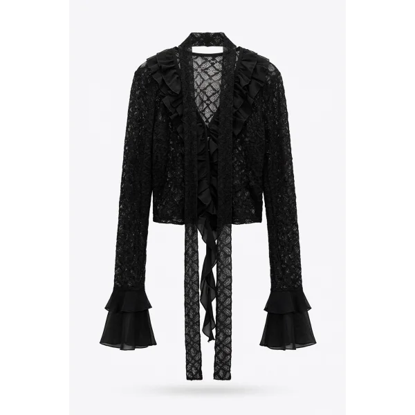 Bürümcüklü Fırfır Detaylı Siyah Bluz