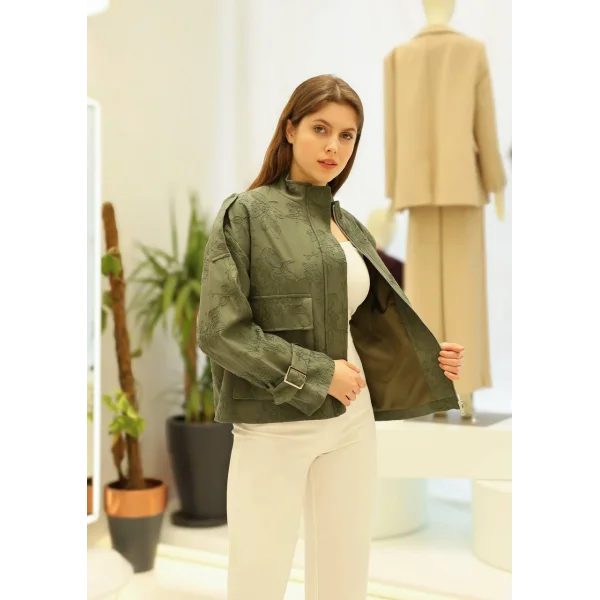 Çiçek Nakışlı Kol Kemerli Ceket-Haki