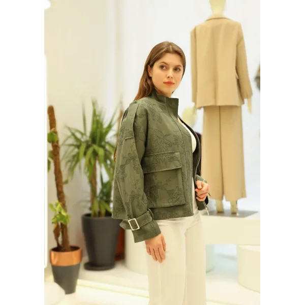 Çiçek Nakışlı Kol Kemerli Ceket-Haki