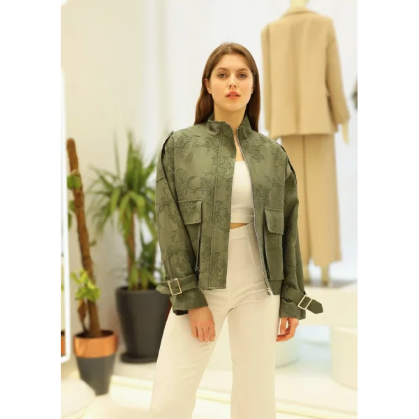 Çiçek Nakışlı Kol Kemerli Ceket-Haki