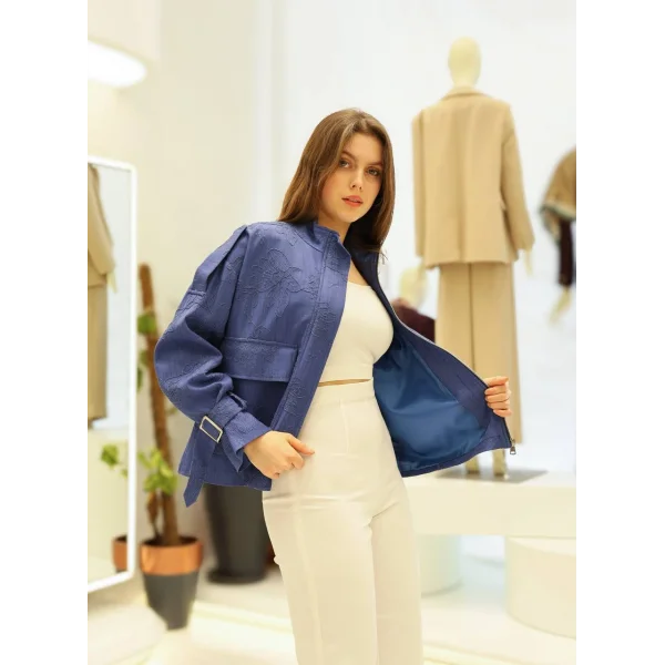 Çiçek Nakışlı Kol Kemerli Ceket-Mavi