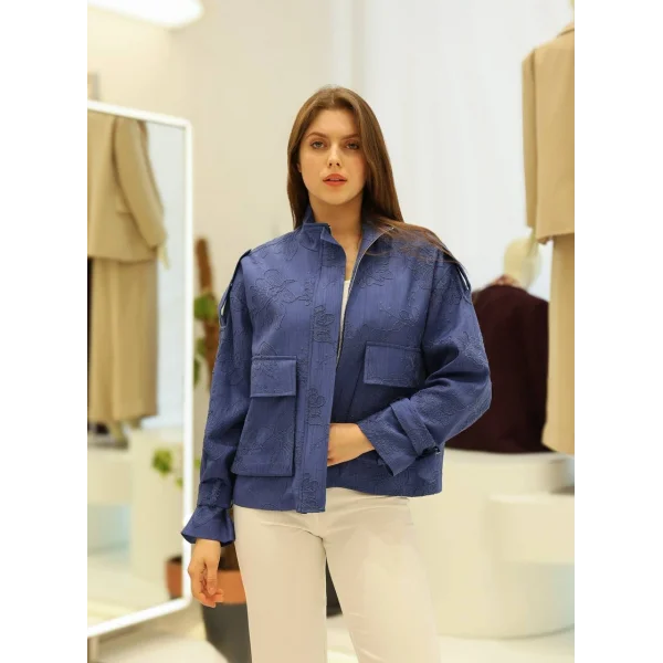 Çiçek Nakışlı Kol Kemerli Ceket-Mavi