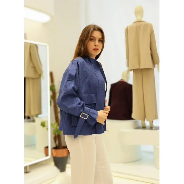 Çiçek Nakışlı Kol Kemerli Ceket-Mavi