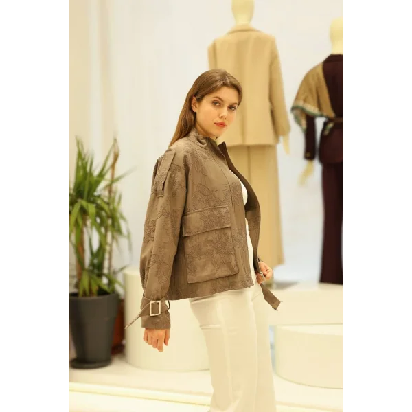 Çiçek Nakışlı Kol Kemerli Ceket-Vizon