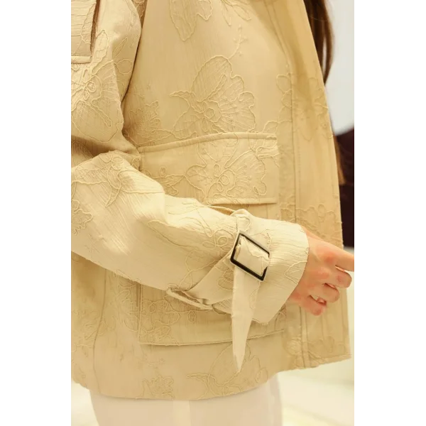 Çiçek Nakışlı Kol Kemerli Ceket-Taş