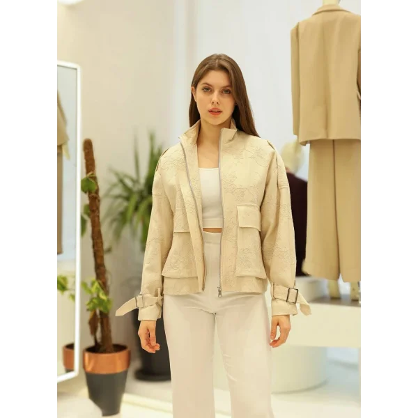 Çiçek Nakışlı Kol Kemerli Ceket-Taş