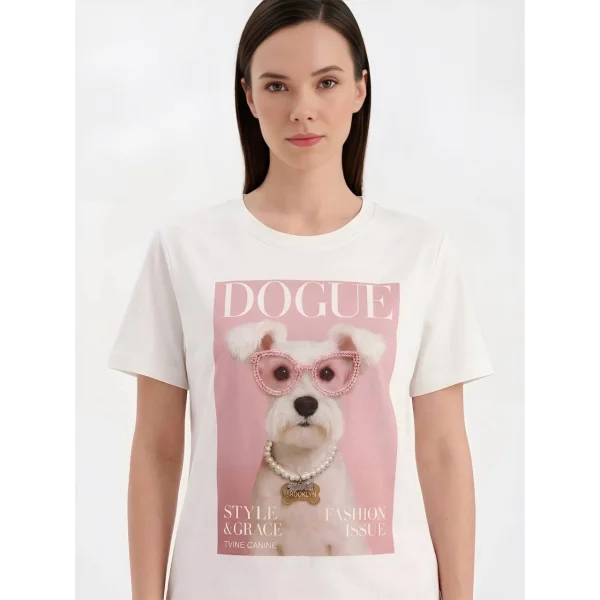 Önü Boncuk Nakış Detaylı Beyaz Tshirt
