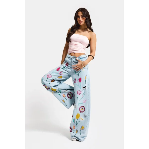 Gül Çiçek Nakış Detaylı Özel Tasarım Palazzo Fit Denim Jean