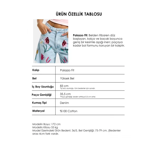 Gül Çiçek Nakış Detaylı Özel Tasarım Palazzo Fit Denim Jean