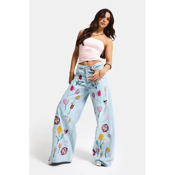 Gül Çiçek Nakış Detaylı Özel Tasarım Palazzo Fit Denim Jean