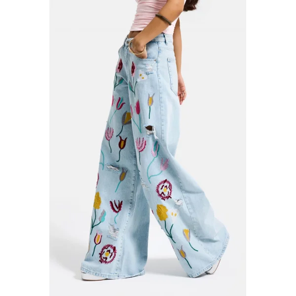 Gül Çiçek Nakış Detaylı Özel Tasarım Palazzo Fit Denim Jean