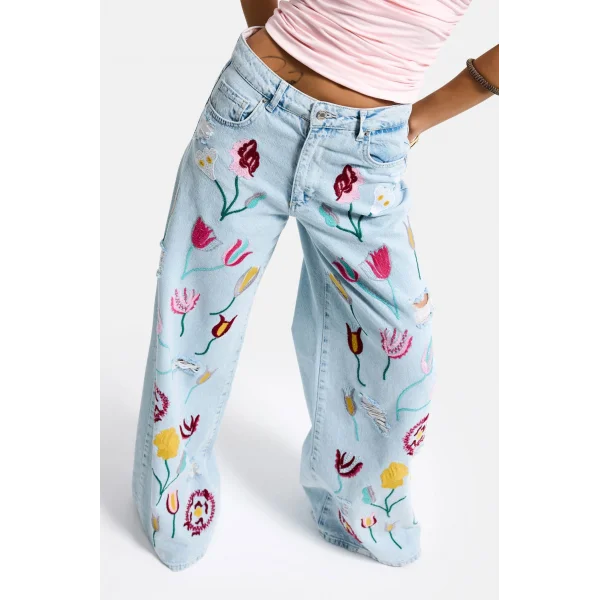 Gül Çiçek Nakış Detaylı Özel Tasarım Palazzo Fit Denim Jean