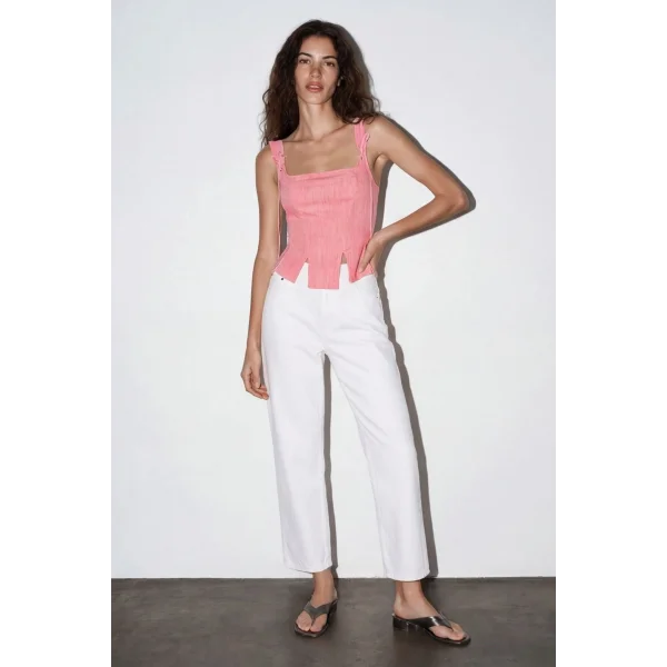 Askı Detaylı Keten Corse Bluz-Pembe