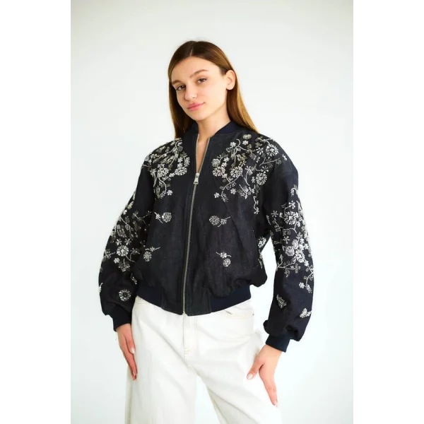 Boncuk İşlemeli Denim Bomber Mont-Lacivert