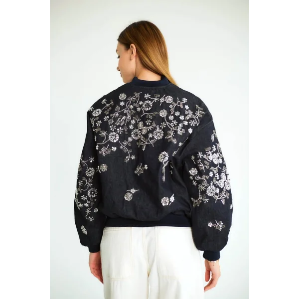 Boncuk İşlemeli Denim Bomber Mont-Lacivert