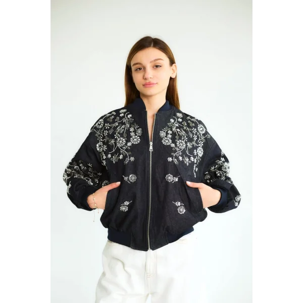 Boncuk İşlemeli Denim Bomber Mont-Lacivert