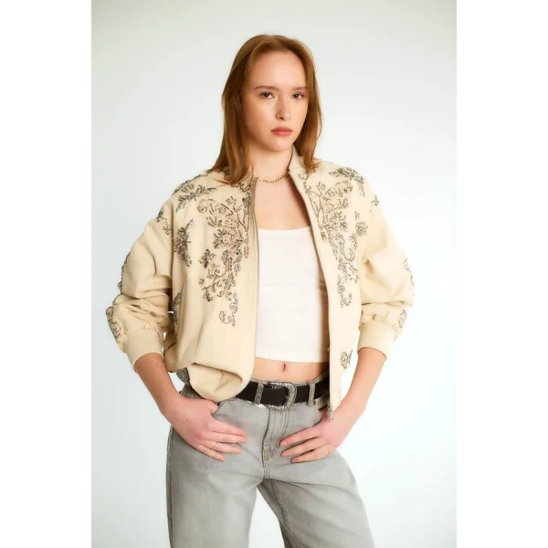 Boncuk İşlemeli Denim Bomber Mont-Bej